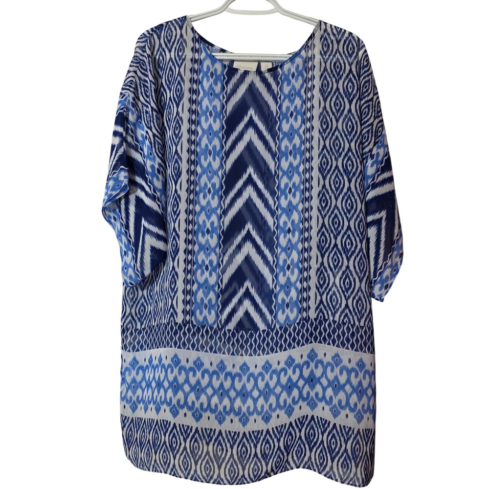 Chico's Women Size 2 Tunic Blue Sheer Chevron Kimono Ikat Print Blouse